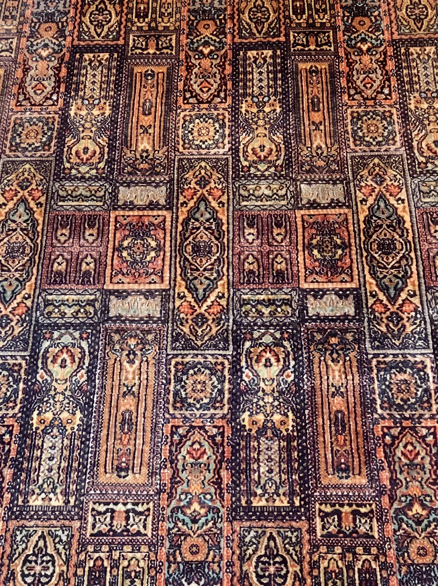 Kashmir Silk Compartment Teal Gold, Kashmir, India persian rug, in antique gold, Pure Silk, 244 × 335 cm (8'0" × 11'0"), Nasim Carpets Malaysia — view 3