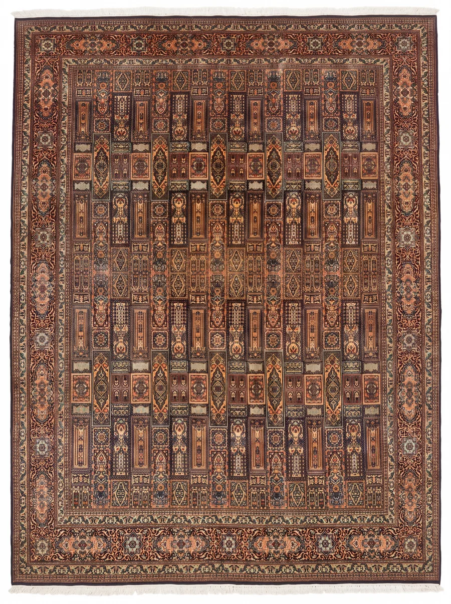 Kashmir Silk Compartment Teal Gold, Kashmir, India persian rug, in antique gold, Pure Silk, 244 × 335 cm (8'0" × 11'0"), Nasim Carpets Malaysia — view 1
