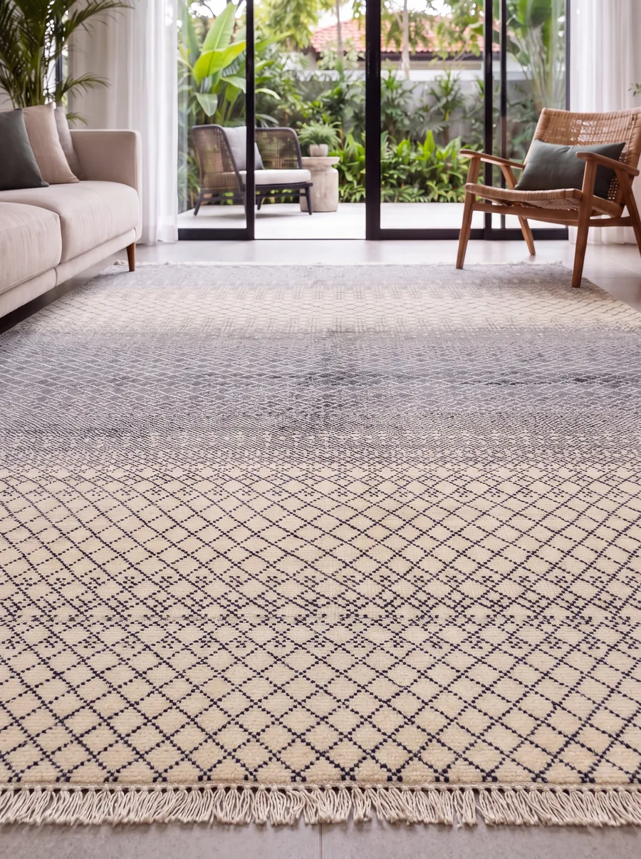 Moroccan Lattice Diamond Cream Grey, Morocco (Beni Ourain-inspired, North Africa) modern rug, in warm ivory, Wool, 152 × 244 cm (5'0" × 8'0"), Nasim Carpets Malaysia — view 3