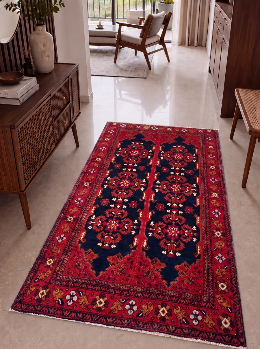 Afghan Ersari Double Column Indigo Red, Ersari Turkmen, Northern Afghanistan tribal rug, in navy, Wool, 6 × 3 cm (0'2" × 0'1"), Nasim Carpets Malaysia — view 3
