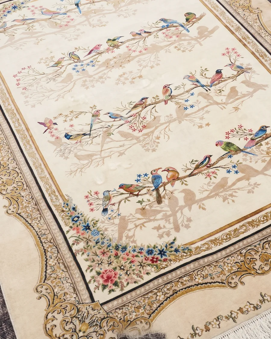 Qom Aviary Garden Ivory, Qom, Iran bespoke rug, in ivory, Wool, 152 × 221 cm (5'0" × 7'3"), Nasim Carpets Malaysia — view 3