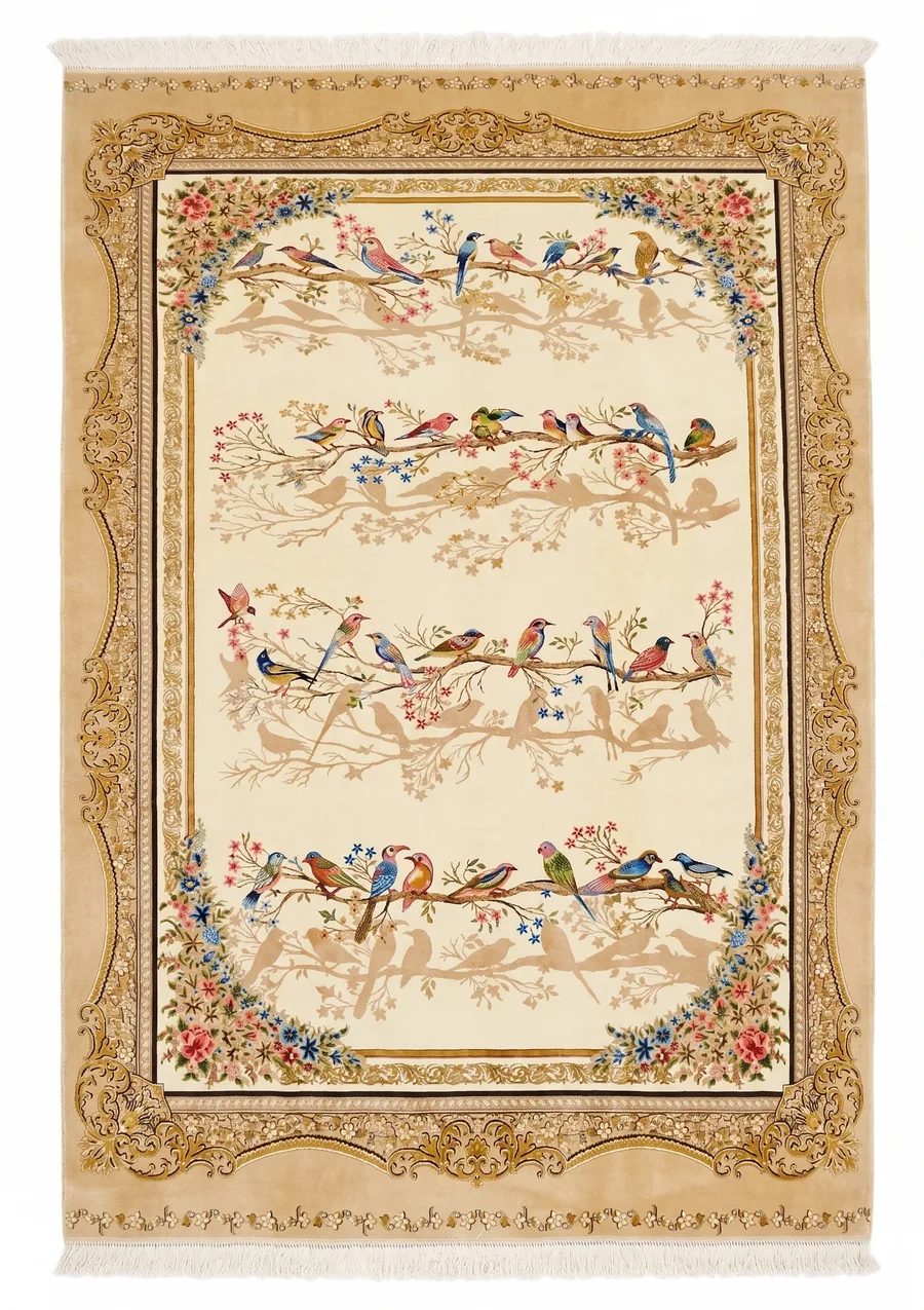 Qom Aviary Garden Ivory, Qom, Iran bespoke rug, in ivory, Wool, 152 × 221 cm (5'0" × 7'3"), Nasim Carpets Malaysia — view 1