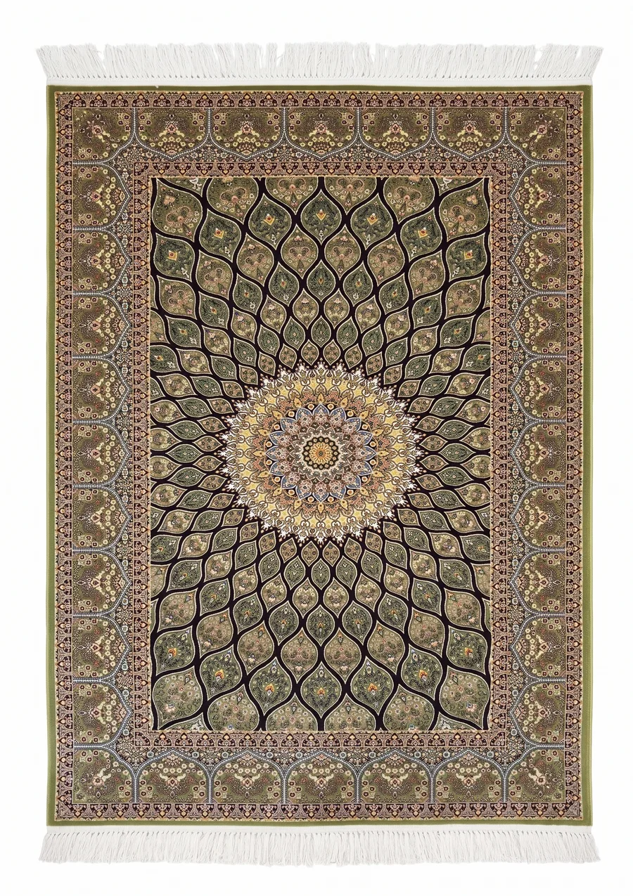 Qom Gonbad Olive, Qom, Iran bespoke rug, in olive green, Bamboo Silk, 99 × 152 cm (3'3" × 5'0"), Nasim Carpets Malaysia — view 1