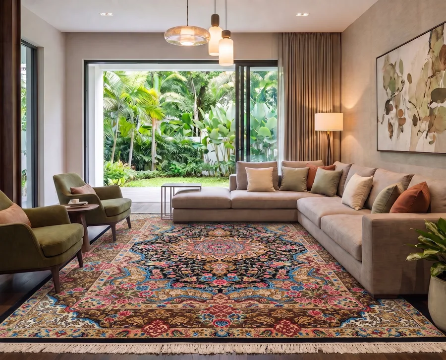 Qom Medallion Floral Black, Qom (Qum), Iran bespoke rug, in midnight black, Jute, 61 × 91 cm (2'0" × 3'0"), Nasim Carpets Malaysia — view 2