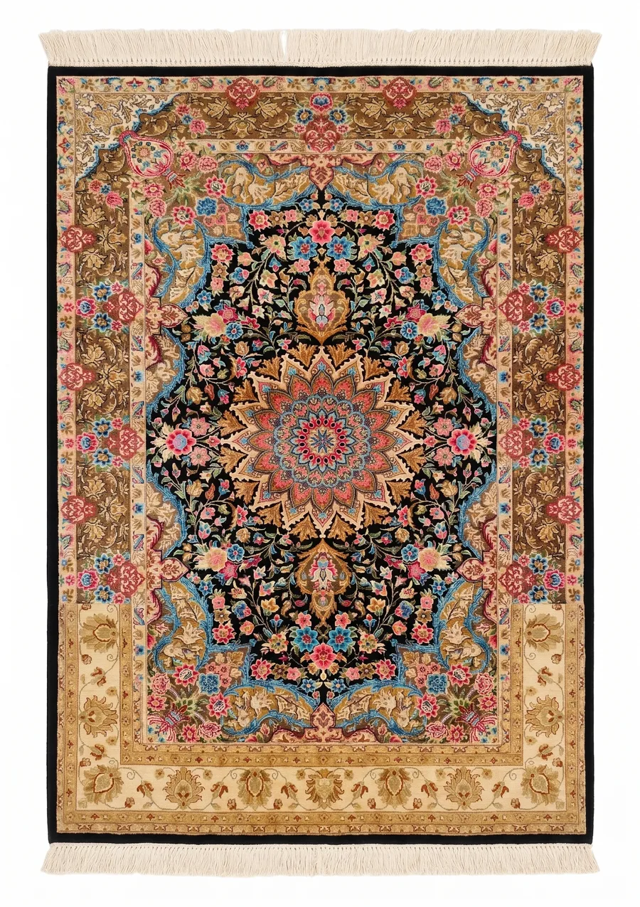 Qom Medallion Floral Black, Qom (Qum), Iran bespoke rug, in midnight black, Jute, 61 × 91 cm (2'0" × 3'0"), Nasim Carpets Malaysia — view 1