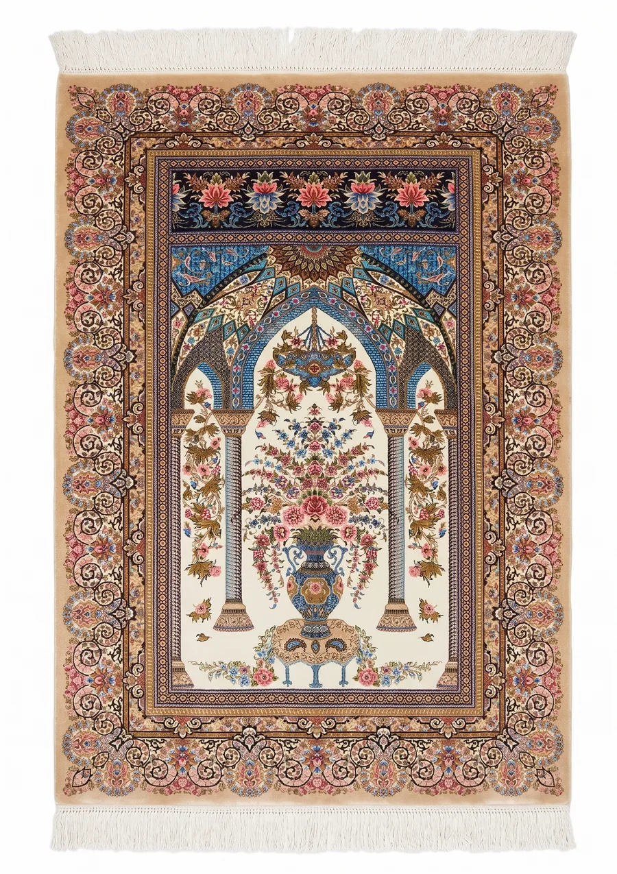 Qom Prayer Arch Ivory, Qom (Qum), Iran bespoke rug, in ivory, Jute, 76 × 122 cm (2'6" × 4'0"), Nasim Carpets Malaysia — view 1