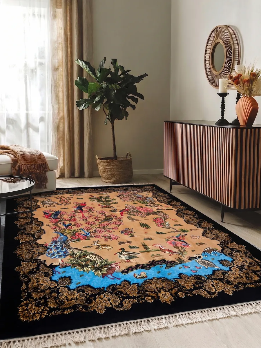 Qom Tree of Life Ebony, Qom, Iran bespoke rug, in camel, Bamboo Silk, 76 × 122 cm (2'6" × 4'0"), Nasim Carpets Malaysia — view 2