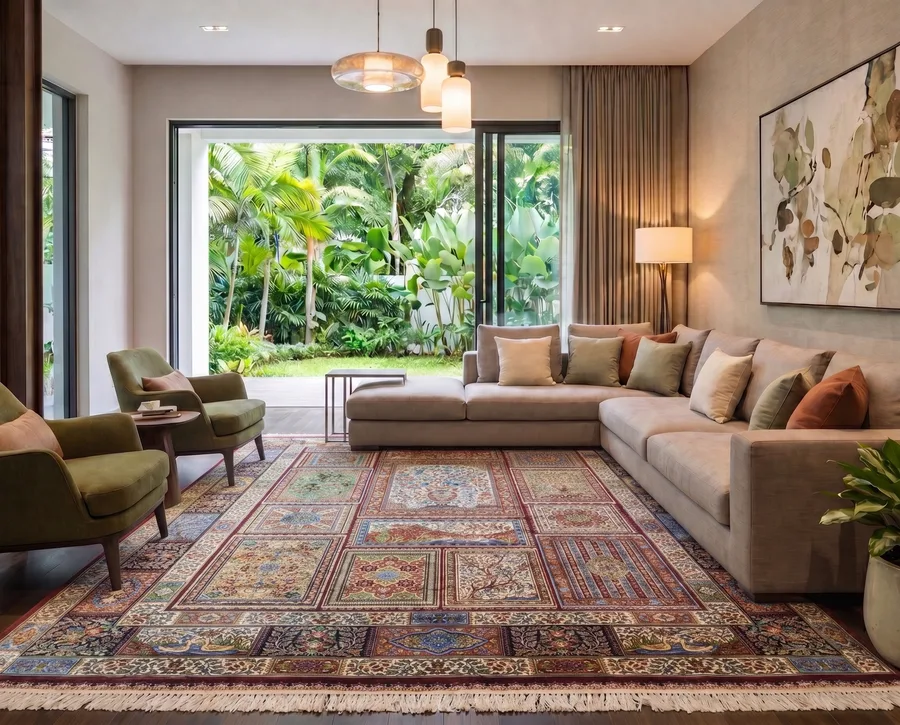Qum Compartmental Garden Burgundy, Qum, Iran bespoke rug, in burgundy, Bamboo Silk, 152 × 224 cm (5'0" × 7'4"), Nasim Carpets Malaysia — view 2