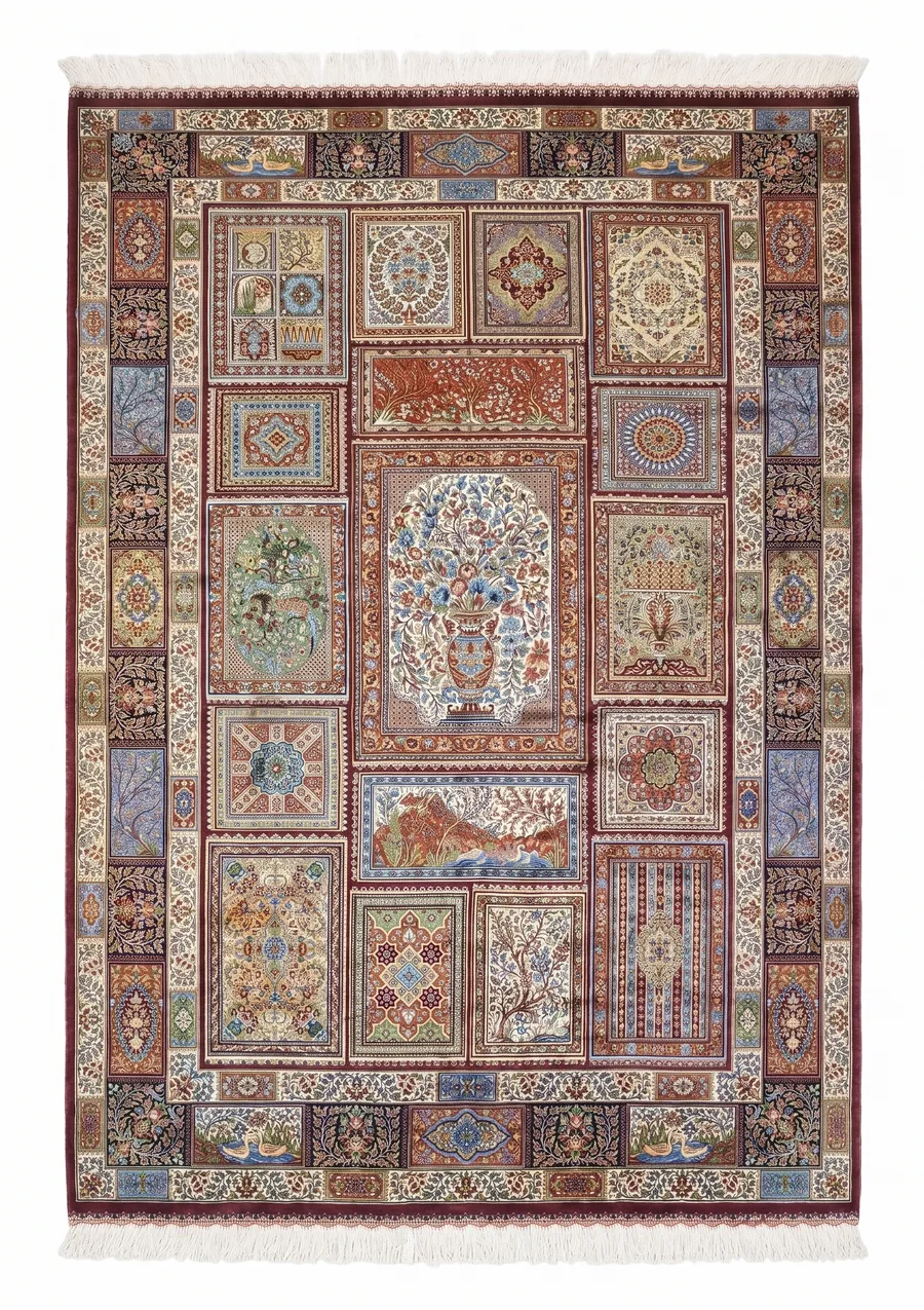 Qum Compartmental Garden Burgundy, Qum, Iran bespoke rug, in burgundy, Bamboo Silk, 152 × 224 cm (5'0" × 7'4"), Nasim Carpets Malaysia — view 1