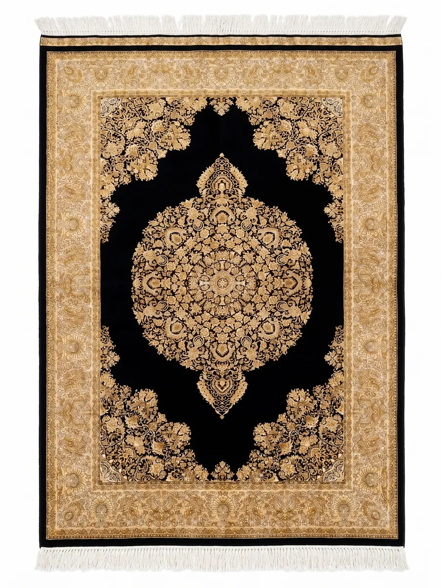 Qum Medallion Black Gold, Qum, Iran bespoke rug, in midnight black, Jute, 76 × 122 cm (2'6" × 4'0"), Nasim Carpets Malaysia — view 1