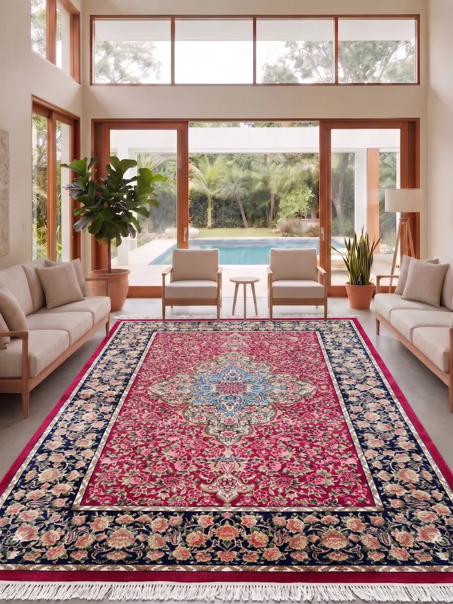 Qum Medallion Floral Crimson, Qum (Qom), Iran bespoke rug, in crimson red, Jute, 43 × 74 cm (1'5" × 2'5"), Nasim Carpets Malaysia — view 2