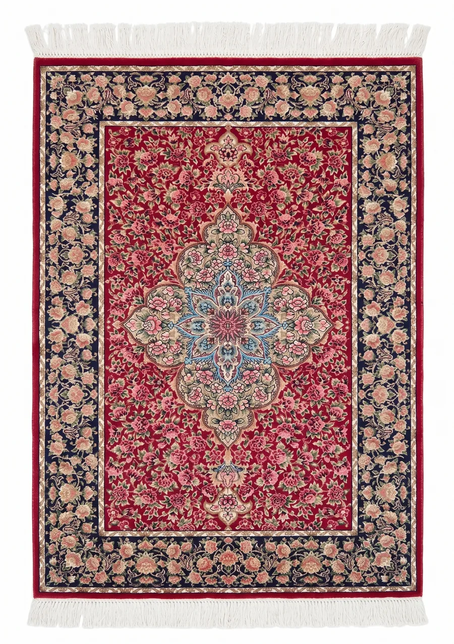 Qum Medallion Floral Crimson, Qum (Qom), Iran bespoke rug, in crimson red, Jute, 43 × 74 cm (1'5" × 2'5"), Nasim Carpets Malaysia — view 1