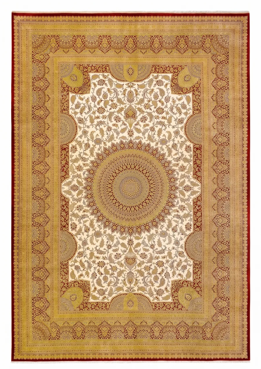 Qum Medallion Ivory Gold, Qum, Iran persian rug, in ivory, Wool, 244 × 366 cm (8'0" × 12'0"), Nasim Carpets Malaysia — view 1