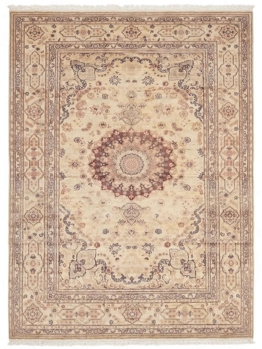 Qum Medallion Ivory, Iran persian rug, in antique ivory, Pure Silk, 122 × 183 cm (4'0" × 6'0"), Nasim Carpets Malaysia — view 1