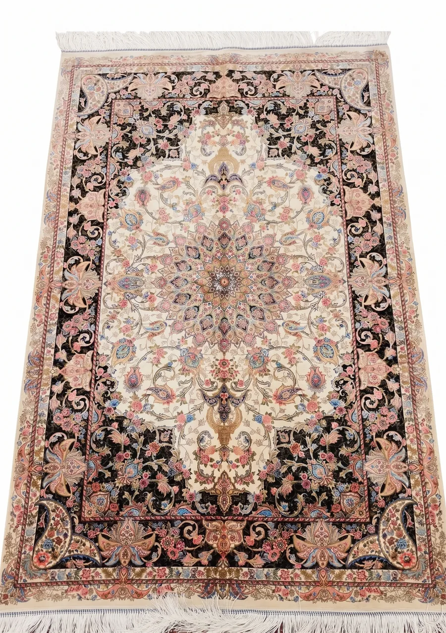 Tabriz Medallion Floral Ivory Black, Tabriz, Iran bespoke rug, in ivory cream, Jute, 99 × 152 cm (3'3" × 5'0"), Nasim Carpets Malaysia — view 1