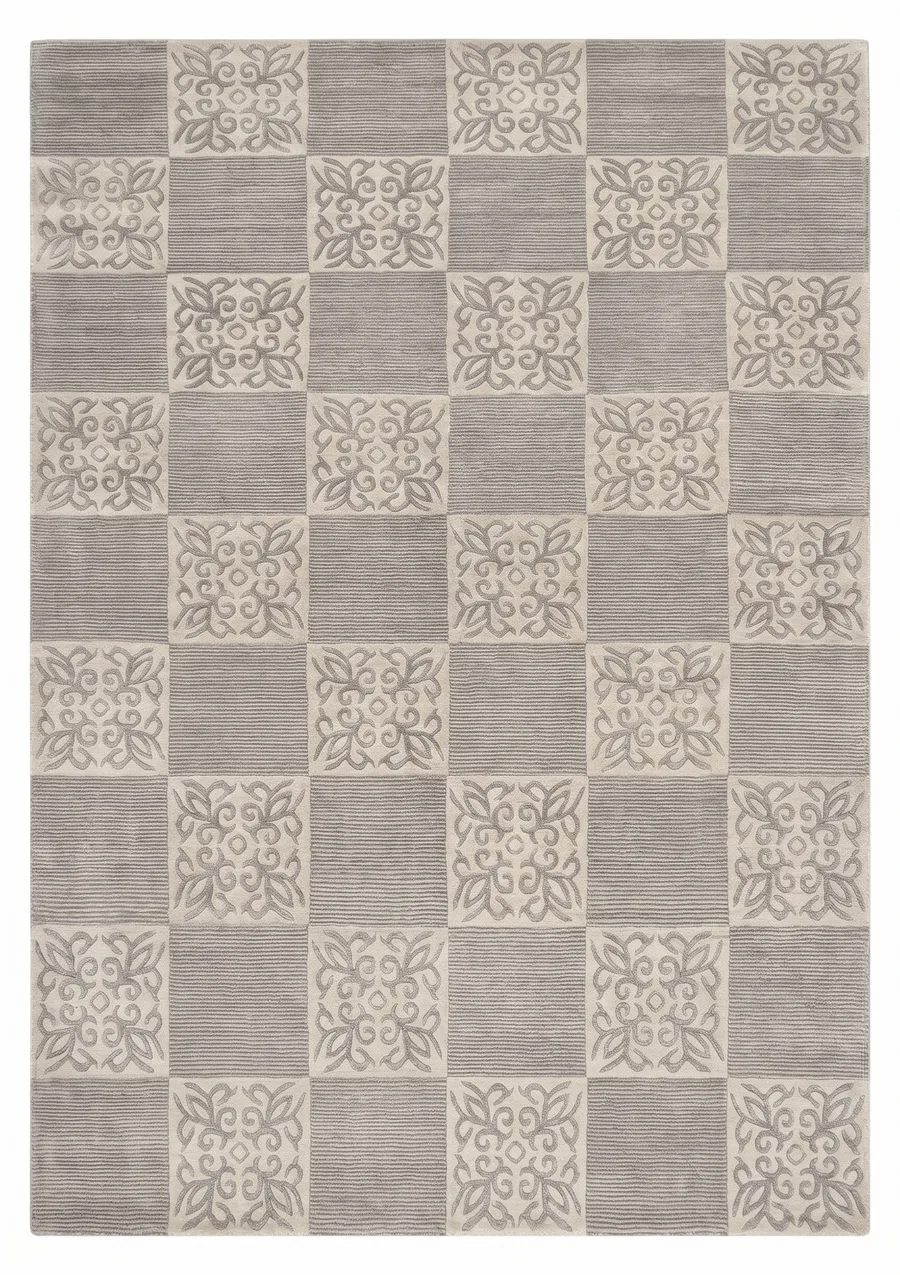Tibetan Checkerboard Floral Silver, Tibet modern rug, in silver grey, Wool & Pure Silk, 206 × 305 cm (6'9" × 10'0"), Nasim Carpets Malaysia — view 1