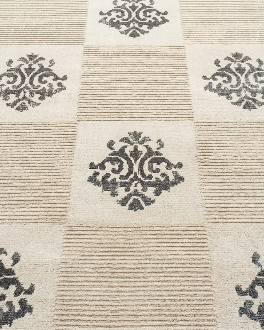 Tibetan Damask Checkerboard Ivory, Nepal modern rug, in ivory, Wool & Pure Silk, 91 × 152 cm (3'0" × 5'0"), Nasim Carpets Malaysia — view 3