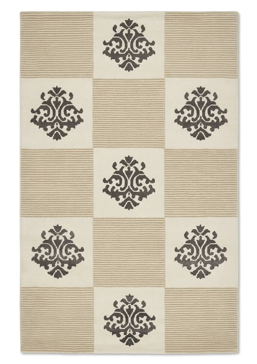 Tibetan Damask Checkerboard Ivory, Nepal modern rug, in ivory, Wool & Pure Silk, 91 × 152 cm (3'0" × 5'0"), Nasim Carpets Malaysia — view 1